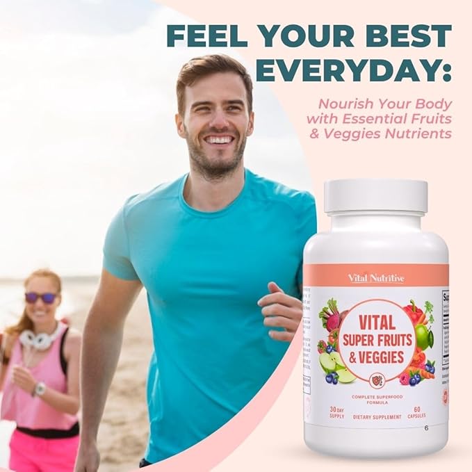 Vital Super Fruits & Veggies - Daily Superfood Capsules for Adults - Fruit and Veggies Supplement to Boost Immunity & Energy - 2-in-1 Formula for Overall Wellness - Fruit and Vegetable Capsules