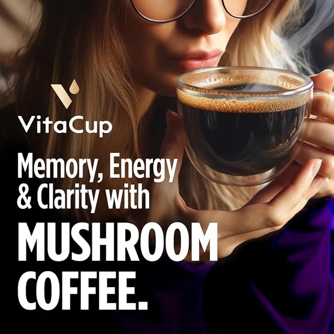 VitaCup Focus Mushroom Instant Coffee | For Memory & Clarity Support | with Fiber, Chaga, Lion’s Mane | D3 & B Vitamins | Medium Roast 100% Arabica & Robusta Instant Coffee | 3 Bags, 90 Servings