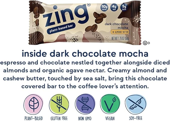 Zing Dark Chocolate Mocha Vegan Protein Bars, Gluten Free with High Protein, High Fiber, Dairy Free Nutrition Bars, Plant Based Protein, Kosher, Low Sugar, No Sugar Alcohols - 12 count