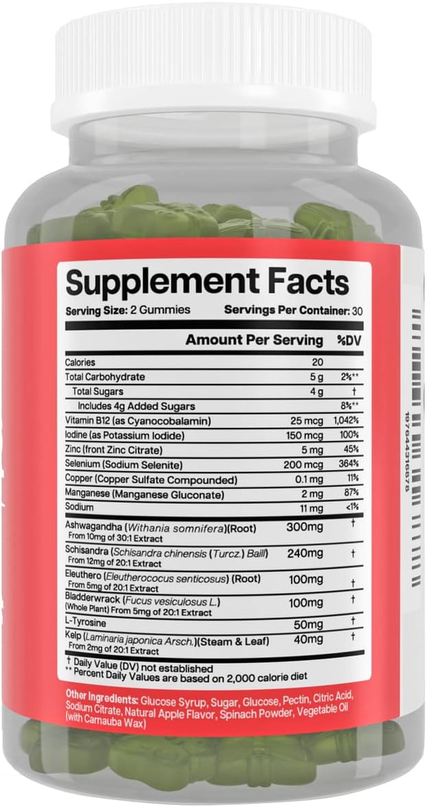 Thyroid Support Gummies - Selenium Supplement & Iodine Supplements for Thyroid Support - Energy Booster for Women and Men - Hypothyroidism Supplements with Metabolism Support