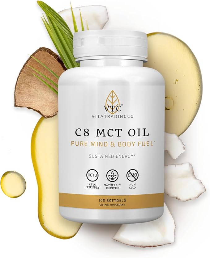 VTC VitaTradingCo. C8 MCT Oil Capsules | Naturally Derived Caprylic C8 Supplement | Coconut Oil Pills | Sustained Energy | Keto Friendly, Non GMO | 100 Softgels