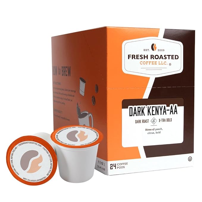 Fresh Roasted Coffee, Dark Kenya AA, Dark Roast, 24 Pods for K Cup Brewers