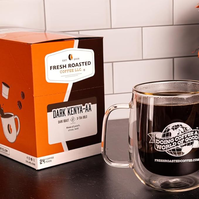 Fresh Roasted Coffee, Dark Kenya AA, Dark Roast, 24 Pods for K Cup Brewers