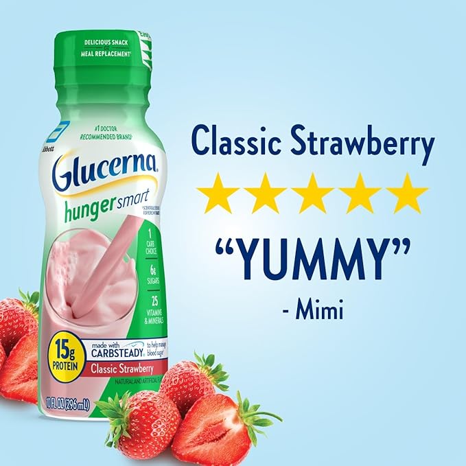 Glucerna Hunger Smart Shake, Diabetic Drink to Support Blood Sugar Management, 15g Protein, 180 Calories, Classic Strawberry, 10-fl-oz Bottle, 24 Count