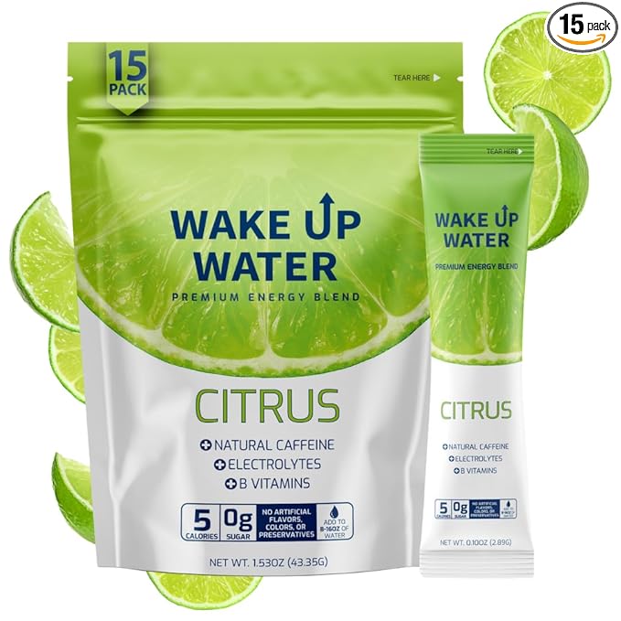 Wake Up Water - Energy + Hydration Sugar Free 15 Packs, Citrus Flavor - Energy Drink Powder, Electrolytes Powder Drink, Natural Caffeine Mix Packet, B Vitamins, 5 Calories, Gluten Free - .10 oz (2.9g)