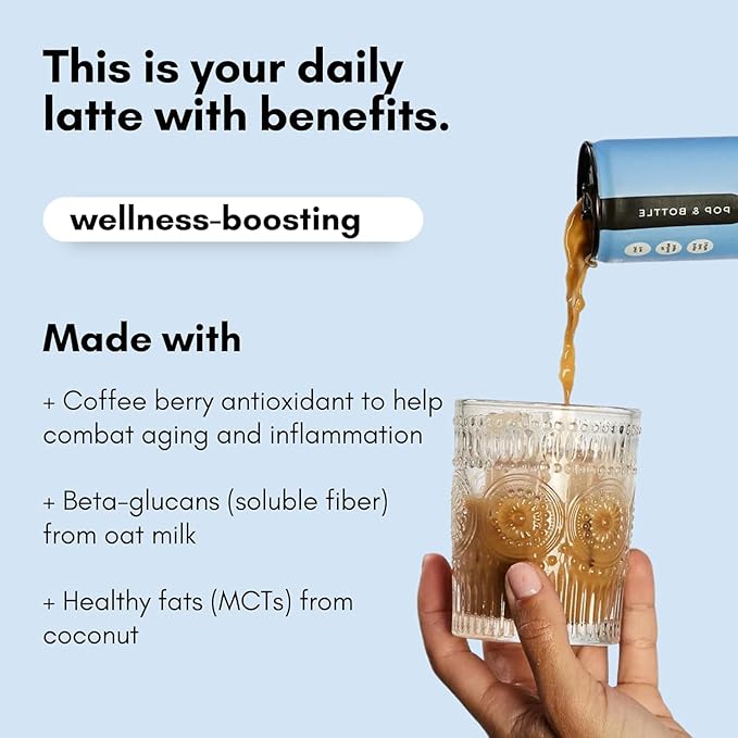 Pop & Bottle Classic & Vanilla Oat Milk Lattes - Cold Brew, Marine Collagen & Antioxidants, MCT Oil, Organic, Dairy Free, Gluten Free, Lightly Sweetened with Dates - 8 Fl Oz (Pack of 12), 6 Each