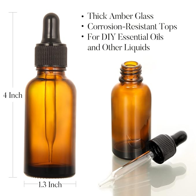 4 Pack, 1 oz Amber Glass Dropper Bottles Plus 2pcs Graduated Calibrated Glass Pipettes (1ml)- 30ml Dark Brown Tincture Bottles with Eye Droppers for Essential Oils, Liquids - Leakproof Travel Bottles