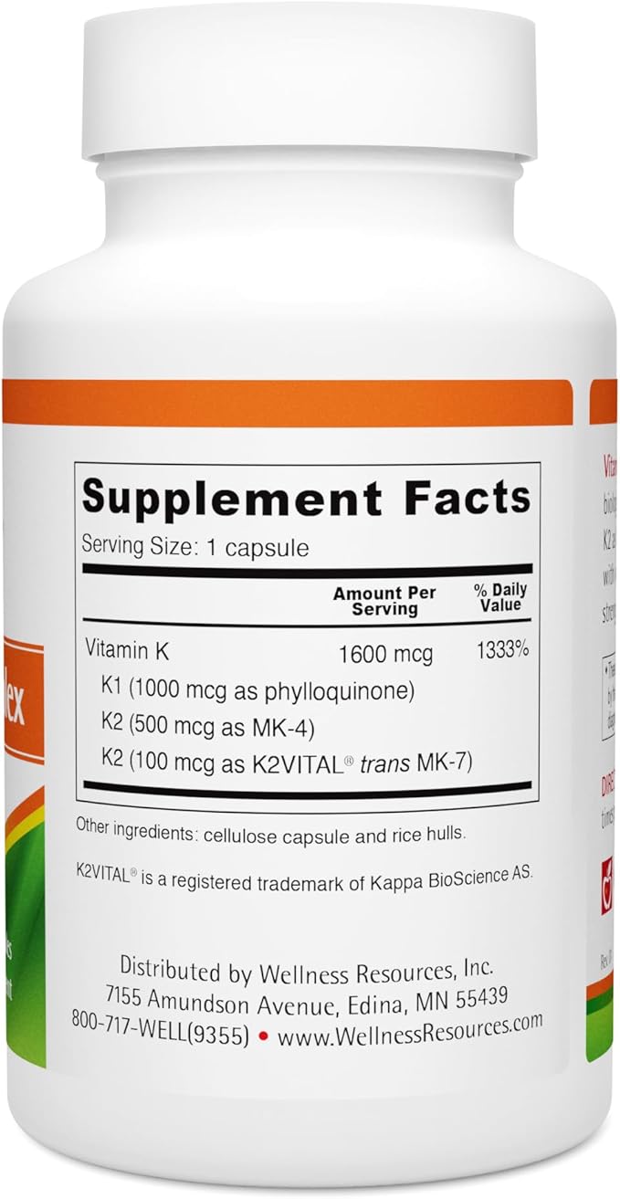 Wellness Resources Vitamin K Complex 600 mcg K2 (as MK-4 and MK-7) and 1000 mcg K1 for (90 capsules)