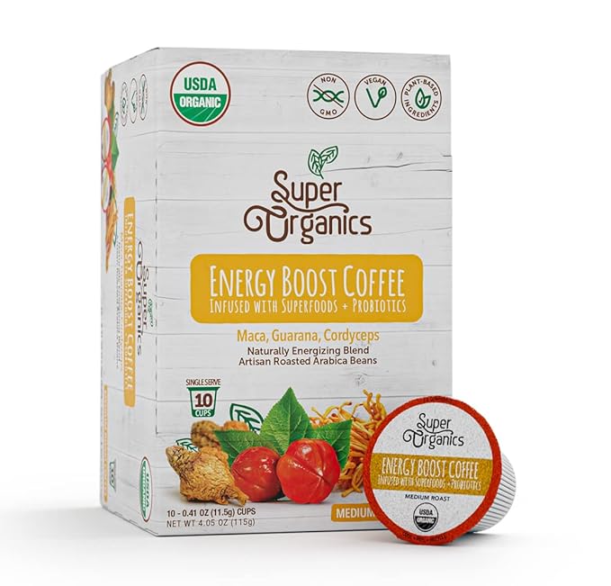 Super Organics Energy Boost Coffee Brew Cups with Superfoods & Probiotics Keurig K-Cup Compatible Energizing, Stamina Medium Roast, USDA Certified Organic, Vegan, Non-GMO, 10ct