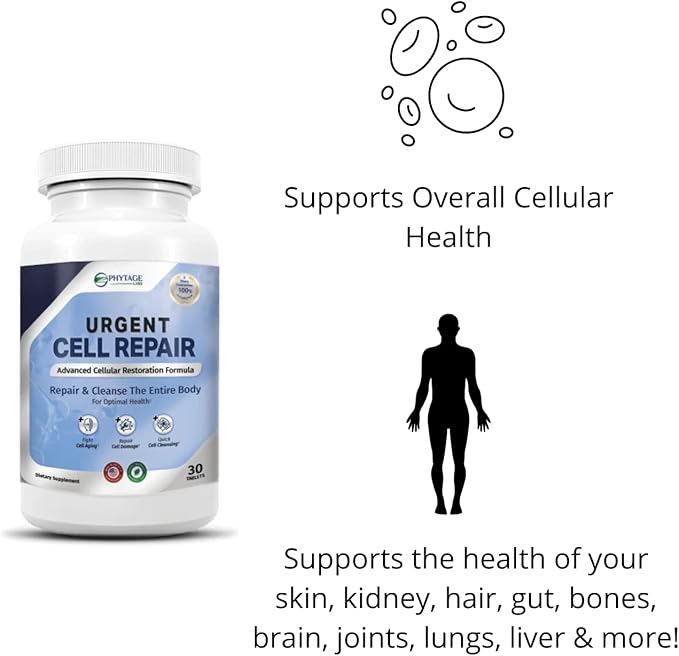 Urgent Cell Repair - All Natural Cellular Regeneration, Anti Aging Benefits, Support Skin, Kidney, Hair, Gut, Bones, Brain, Joints, Lungs and Liver (30 Tablets)