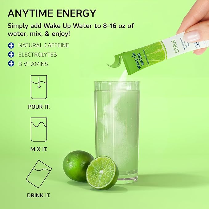 Wake Up Water - Energy + Hydration Sugar Free 15 Packs, Citrus Flavor - Energy Drink Powder, Electrolytes Powder Drink, Natural Caffeine Mix Packet, B Vitamins, 5 Calories, Gluten Free - .10 oz (2.9g)