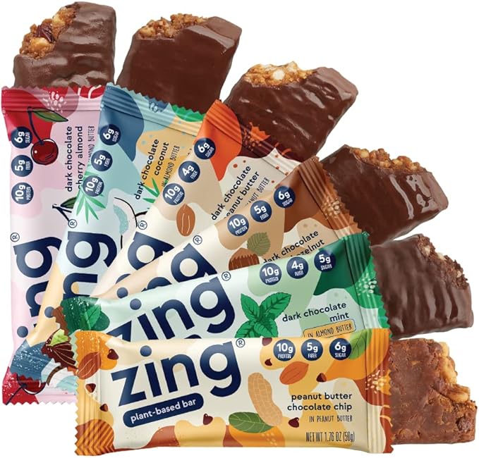 Zing Vegan Protein Bars Variety Pack - Top 6 Flavors, Gluten Free Nutrition Bars, High Protein & Fiber, Soy Free, Dairy Free Plant Based Protein, Kosher, Low Sugar, No Sugar Alcohols - 12 count