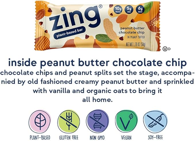 Zing Peanut Butter Chocolate Chip Vegan Protein Bars, Gluten Free with High Protein, High Fiber, Dairy Free Nutrition Bars, Plant Based Protein, Kosher, Low Sugar, No Sugar Alcohols - 12 count