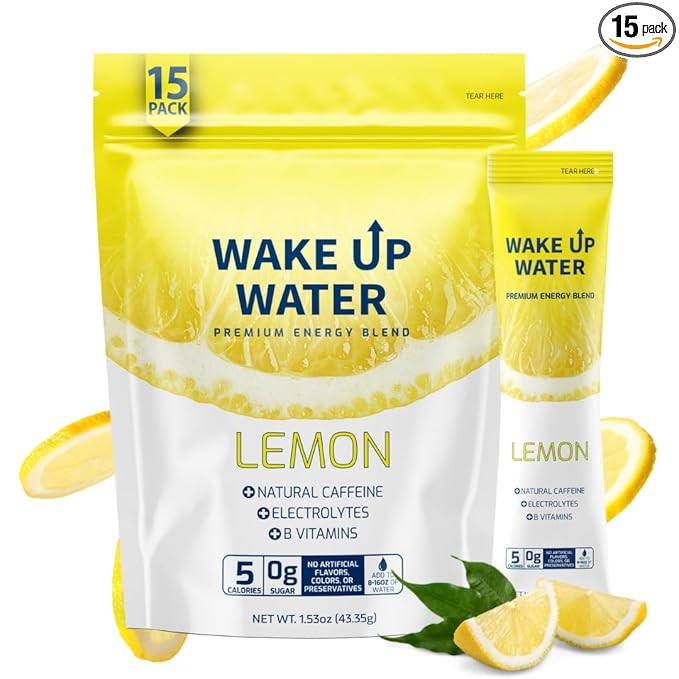 Wake Up Water - Energy + Hydration Sugar Free 15 Packet, Lemon Flavor - Energy Drink Powder, Electrolytes Powder Drink, Natural Caffeine Mix Packet, B Vitamins, 5 Calories, Gluten Free - .10 oz (2.9g)