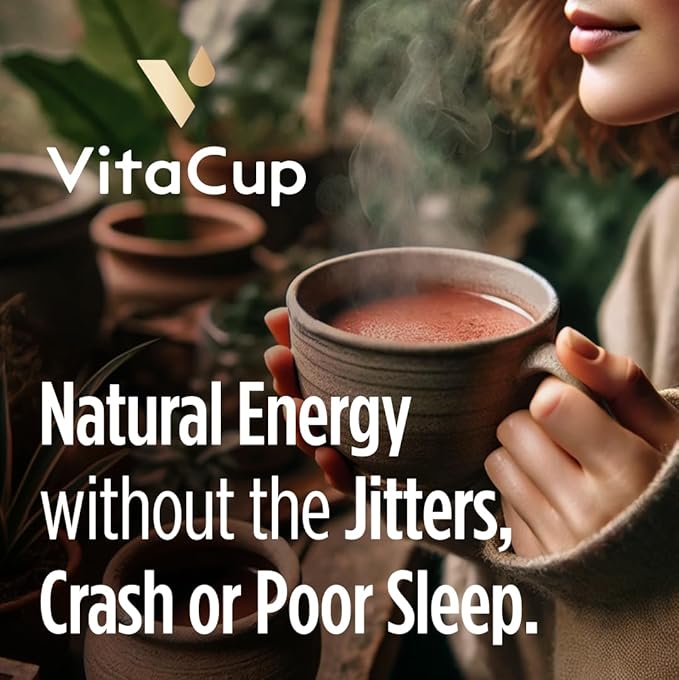 VitaCup Mushroom Coffee Alternative Instant Drink Mix | Mushroom Based Coffee Substitute for Natural Energy & Focus | Lion’s Mane, Yerba Mate, & Chaga | Cacao, Cinnamon, & B Vitamins | 30 Servings
