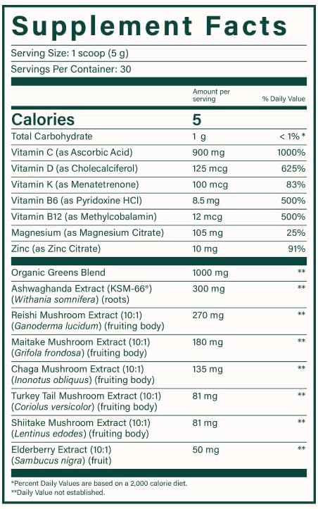 Beam Greens Powder, Greens Superfood Powder, Greens Supplement for Gut Health, Vegan, Non GMO Organic Greens Blend, Daily Greens with Ashwagandha, Vitamin C, B12, B6, D, Strawberry Kiwi, 30 Servings