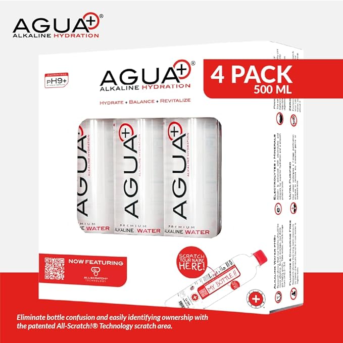 Agua Plus pH9+ Alkaline Water Bottles - 16.9 fl (500mL) oz Drinking Water Bottles - Enhanced with Pink Mineral Sea Salt for Electrolytes and Minerals - Recycled Plastic and USA Made Water Bottles - 4 Pack