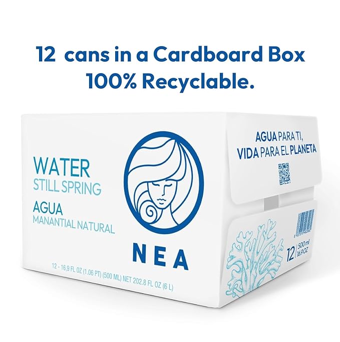 NEA Natural Spring Water - Pure Canned Water from the Austrian Alps - Refreshing Mineral Drinking Water - Naturally Filtered Mountain Spring Water in 16.9oz Can - Plastic-Free Boxed Water 12 Pack.