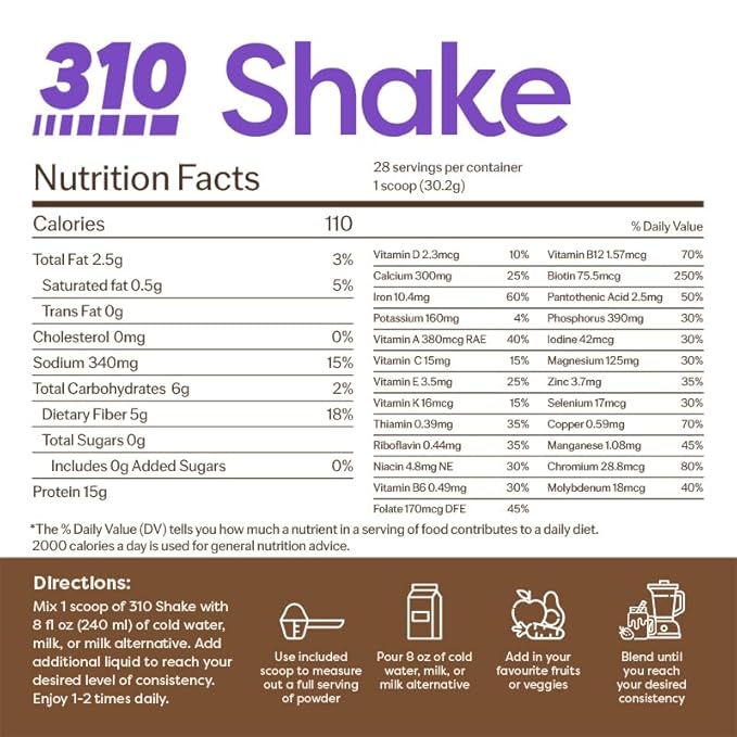 310 Nutrition All-In-One Meal Replacement Shake - Fiber-Rich Superfood Blend with Natural Sweeteners - Low Carb, Keto & Paleo Friendly, Gluten-Free, 26 Essential Vitamins & Minerals, Mocha, 28 Servings