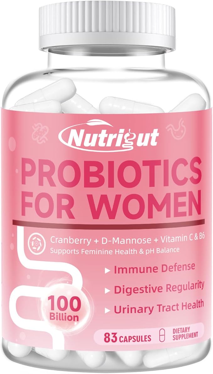 Probiotics for Women 100 Billion CFUs Probiotic and Prebiotics with Digestive Enzymes for Gut Health, Vaginal Probiotics with Cranberry and D-Mannose for Urinary Tract Health, pH Balance, 83 Capsules