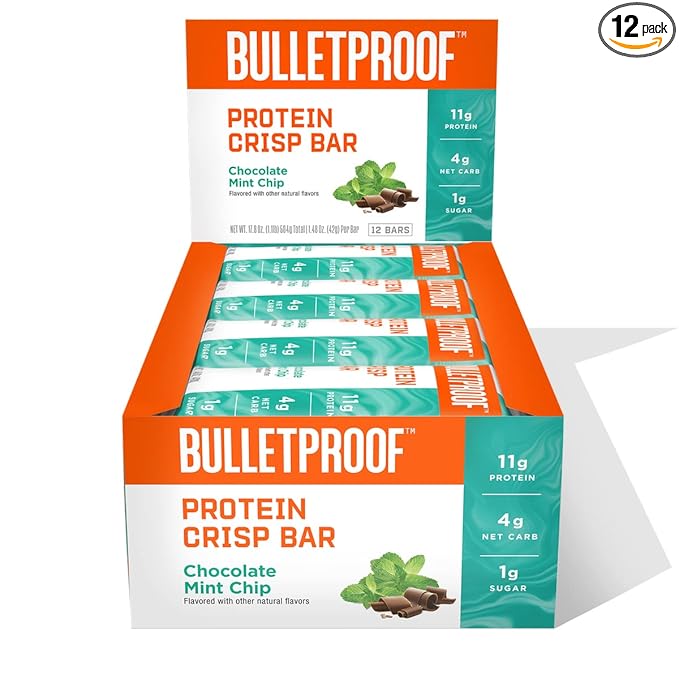 Bulletproof Chocolate Mint Chip Protein Crisp Bars, 12pk, High Protein, Low Sugar