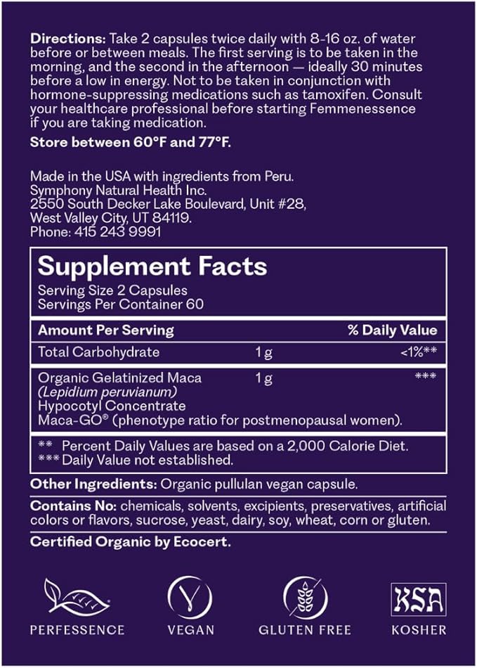 Femmenessence MacaPause – Clinically Proven for Post Menopause, Natural Hormone Balance Supplements for Women, Bone and Heart Health, Symptom Relief, Organic Maca Root Capsules (240)