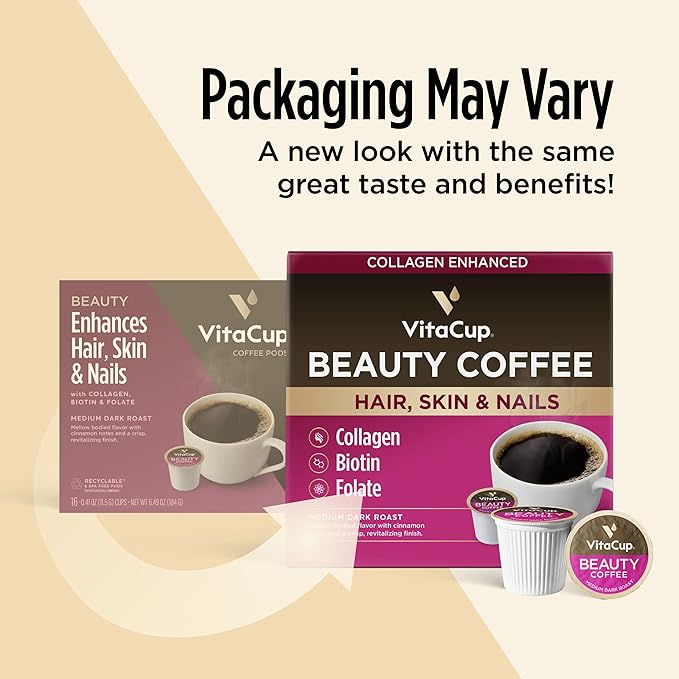 VitaCup Beauty Collagen Coffee Pods for Hair, Skin & Nails, with Biotin & Folate, Medium Dark Roast, Keto Friendly, Recyclable Single Serve Pod Compatible with Keurig K-Cup Brewers,32 Ct