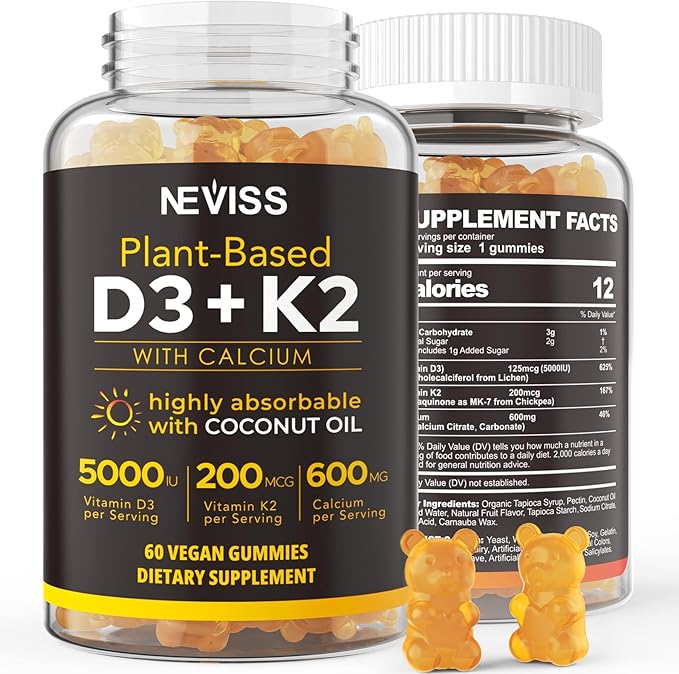 Vitamin D3 5000iu & K2( as MK7 ) 200mcg Gummies 600mg Calcium, D3 K2 K2 Supplement 60 Count