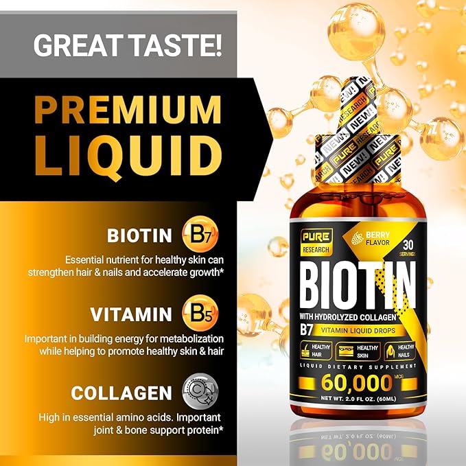 PURE RESEARCH Biotin & Collagen 60,000mcg (4Fl Oz)