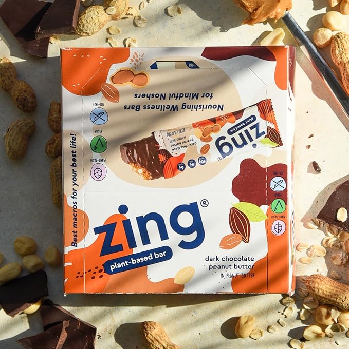 Zing Dark Chocolate Peanut Butter Vegan Protein Bars, Gluten Free with High Protein, High Fiber, Dairy Free Nutrition Bars, Plant Based Protein, Kosher, Low Sugar, No Sugar Alcohols - 12 count