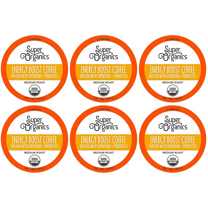Super Organics Energy Boost Coffee Brew Cups with Superfoods & Probiotics Keurig K-Cup Compatible Energizing, Stamina Medium Roast, USDA Certified Organic, Vegan, Non-GMO, 60ct