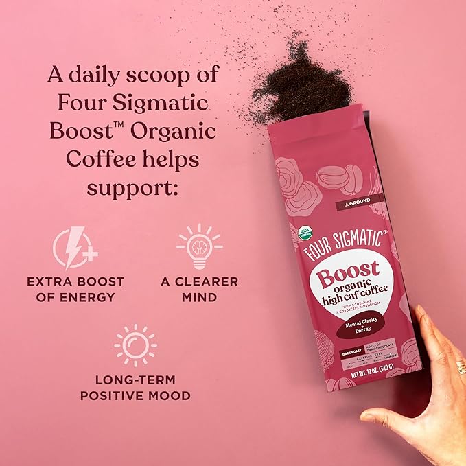 Four Sigmatic Boost Organic High Caffeine Coffee | Dark Roast Extra Strong Ground Coffee with L-Theanine & Cordyceps Mushroom Extract | Energy Booster Without the Jitters | 12oz Bag