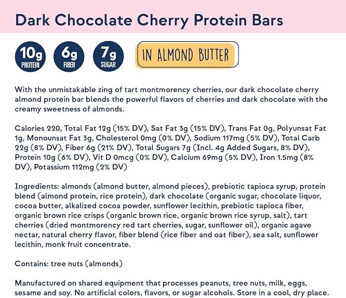 Zing Dark Chocolate Cherry Vegan Protein Bars, Gluten Free with High Protein, High Fiber, Dairy Free Nutrition Bars, Plant Based Protein, Kosher, Low Sugar, No Sugar Alcohols - 12 count