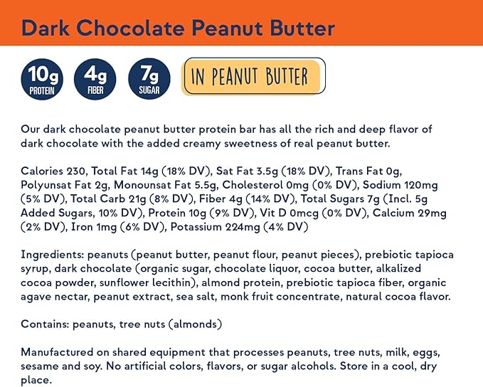Zing Dark Chocolate Peanut Butter Vegan Protein Bars, Gluten Free with High Protein, High Fiber, Dairy Free Nutrition Bars, Plant Based Protein, Kosher, Low Sugar, No Sugar Alcohols - 12 count