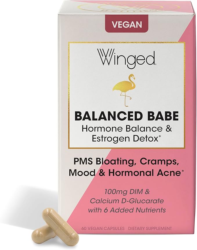 Winged Wellness Balanced Babe | Hormone Balance & Estrogen Detox for Women | PMS Bloating, Cramps, Mood Swings & Hormonal Acne | 100mg DIM, 100mg Calcium D-Glucarate & 6 Added Nutrients | 60ct