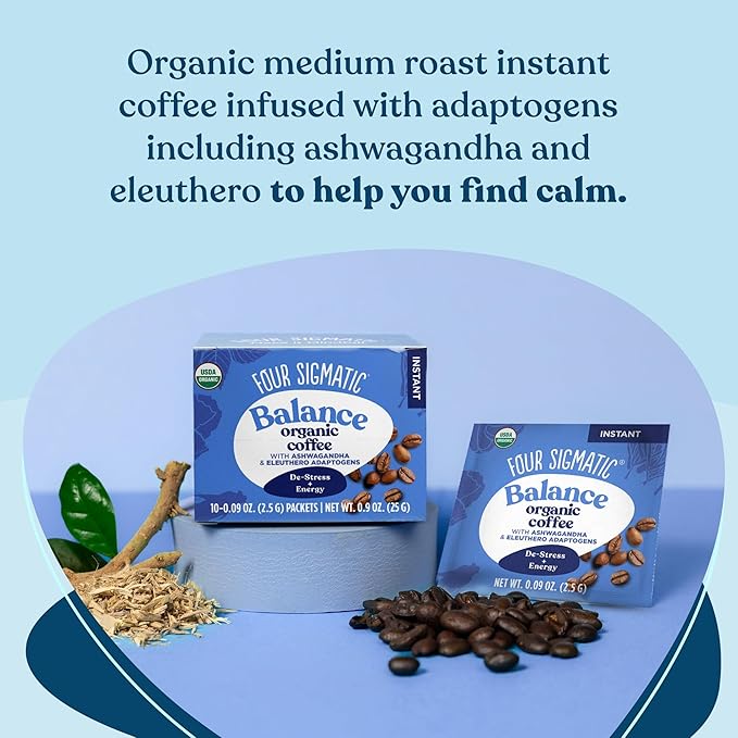 Adaptogen Organic Coffee by Four Sigmatic | Medium Roast Instant Coffee with Ashwagandha, Chaga, Eleuthero & Tulsi | Immune Support & Stress Relief | Keto | Multicolored | 0.09 Oz | Pack of 10