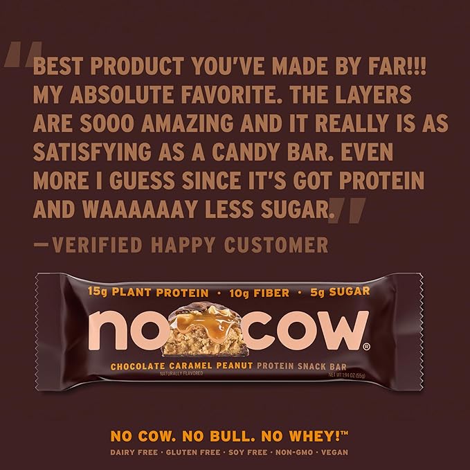 No Cow Vegan Protein Snack Bar Variety Pack, High Protein & 10g Fiber, Low Sugar, Gluten-Free, Dairy-Free, For On-the-Go Nutrition & Post-Workout (Cookies ‘n Cream, Chocolate Caramel Peanut, 6 Count)