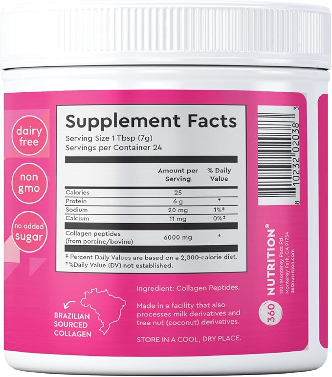 360 Nutrition Collagen Powder for Hair, 6 Oz, 24 Servings