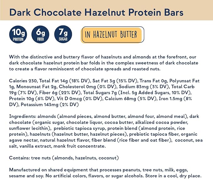 Zing Dark Chocolate Hazelnut Vegan Protein Bars, Gluten Free with High Protein, High Fiber, Dairy Free Nutrition Bars, Plant Based Protein, Kosher, Low Sugar, No Sugar Alcohols - 12 count