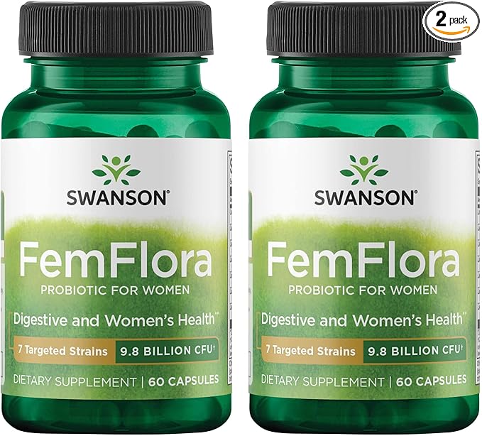 Swanson FemFlora - Feminine Probiotic Supplement - Probiotics for Women - Supporting Flora of The Mouth, GI Tract, and Vagina - 9 Billion CFU Per Capsule - (60 Capsules) (2 Pack)