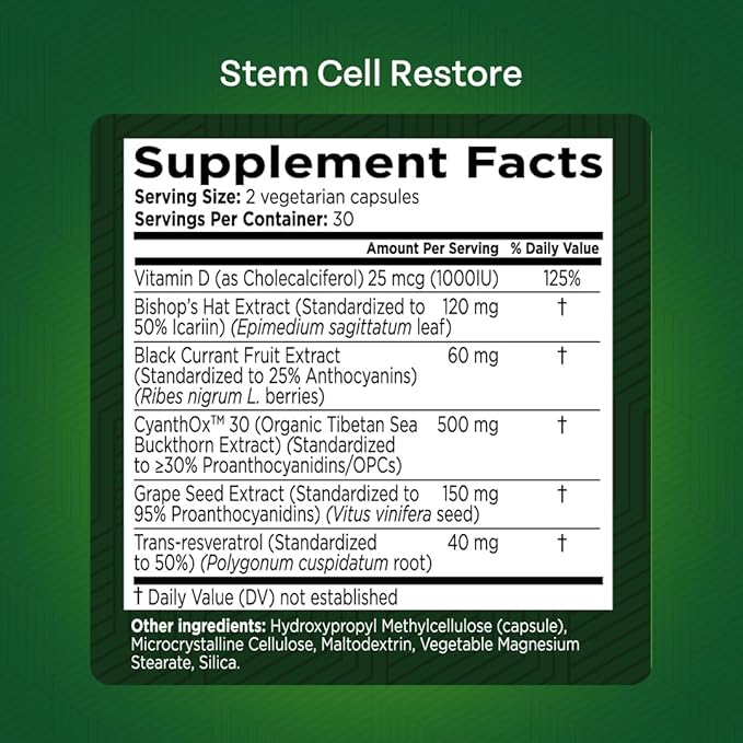 Stem Cell Restore - Stem Cell Supplement - Regenerative Healing - Healthy Aging - Brain and Cognitive Support - Cartilage, Heart & Kidney Repair - Organic Tibetan Sea Buckthorn (1 Bottle, 60 Count)