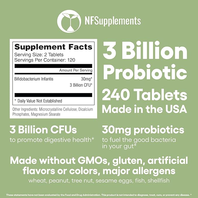 Bifidobacterium Infantis Probiotic Supplement 240 Tablets 3 Billion CFU Probiotics for Men & Women Supports Intestinal Digestive & Gut Health Made in The USA (240, Bifidobacterium Infantis)