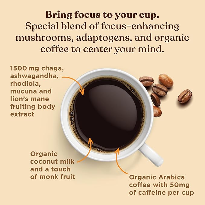 Four Sigmatic Focus Organic Mushroom Coffee Latte | 1500mg Adaptogens per Serving | Lion's Mane, Chaga, Rhodiola, Ashwagandha & Mucuna for Energy, Focus, Positivity & Immune Support | 30 Servings