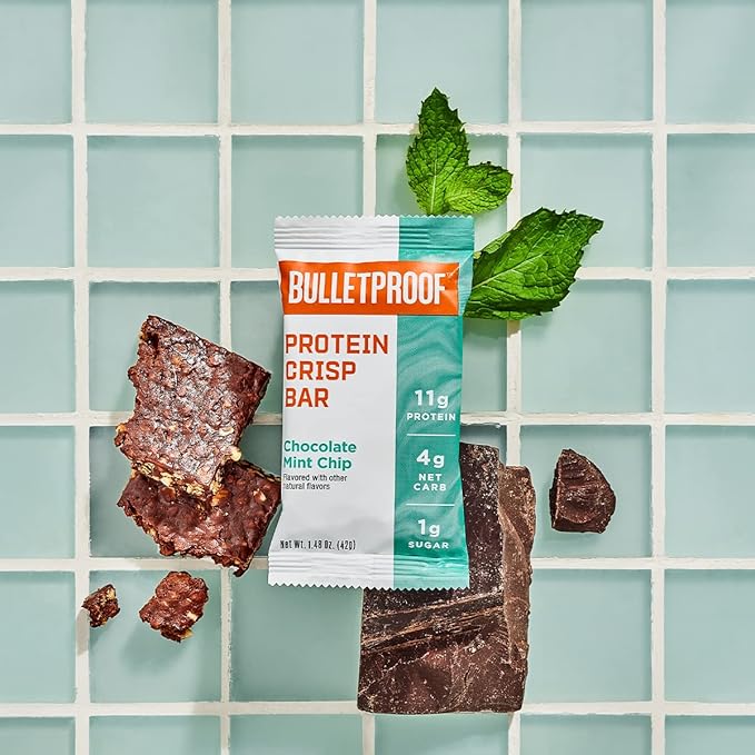 Bulletproof Chocolate Mint Chip Protein Crisp Bars, 12pk, High Protein, Low Sugar