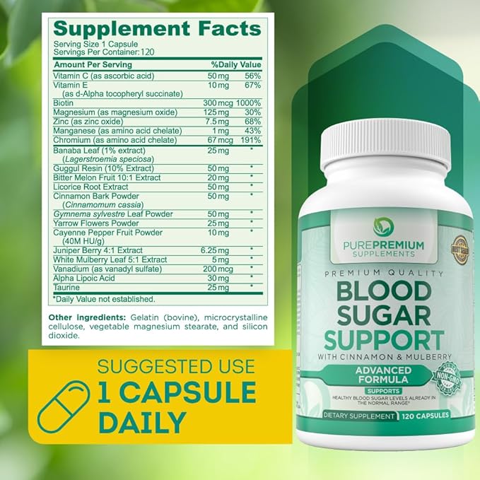 PurePremium Blood Sugar Support Supplement 120 Count