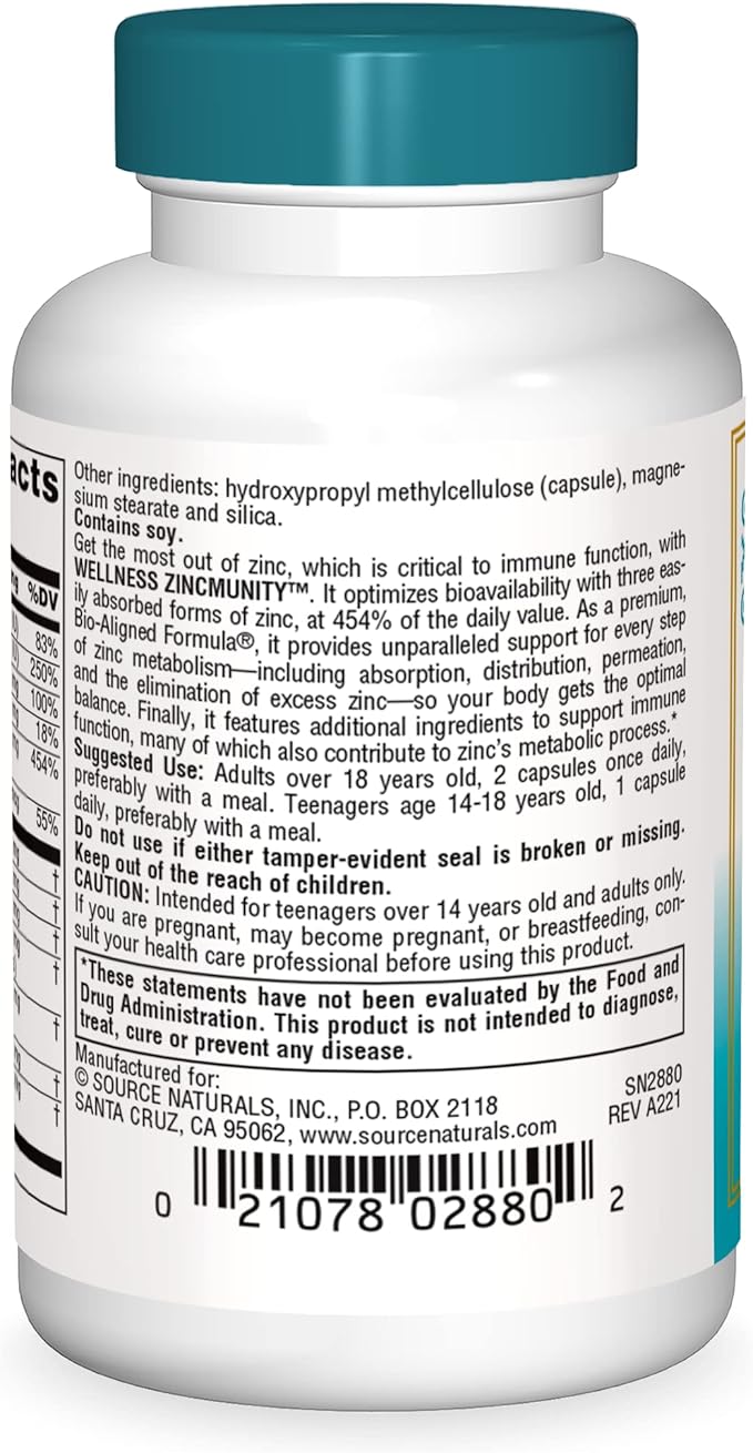 Source Naturals Wellness ZincMunity, Supports Zinc 50 mg 30 Vegetarian