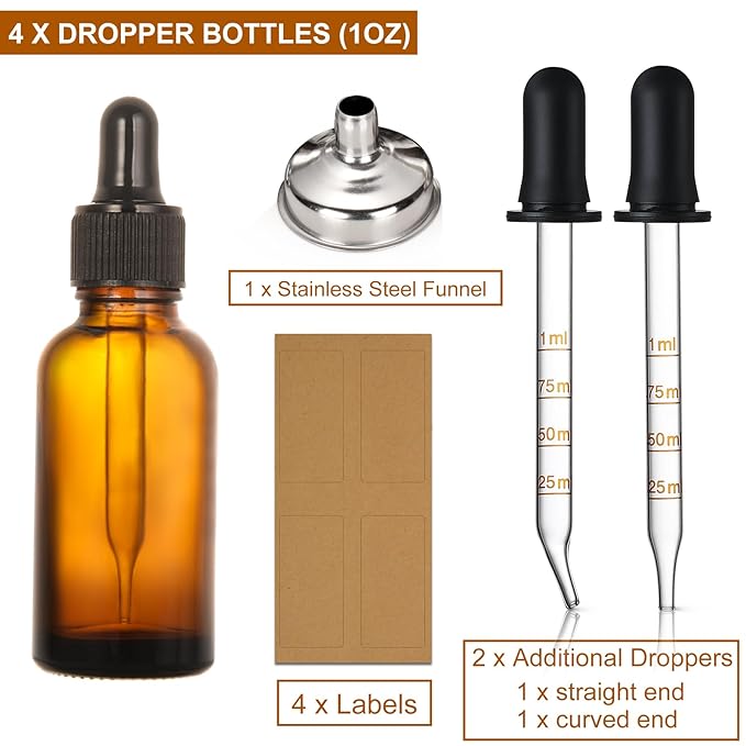 4 Pack, 1 oz Amber Glass Dropper Bottles Plus 2pcs Graduated Calibrated Glass Pipettes (1ml)- 30ml Dark Brown Tincture Bottles with Eye Droppers for Essential Oils, Liquids - Leakproof Travel Bottles