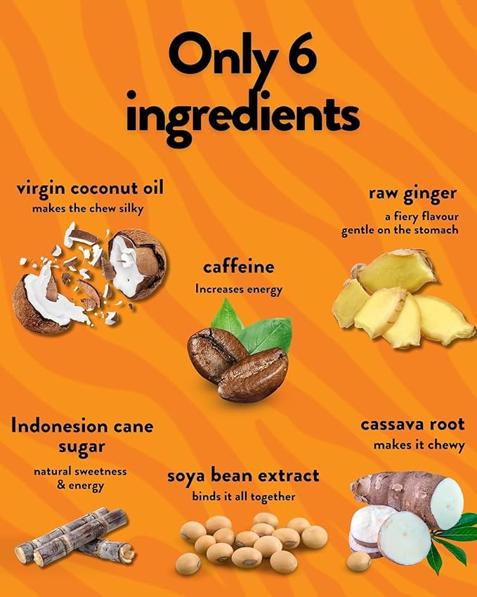 Ginger Roars - Caffeine Chews - 36 Servings Each 33mg with a Delicious Natural Flavour & Fiery hint. Plant Based Energy Shots, a Vegan Healthy Snack for Adults.