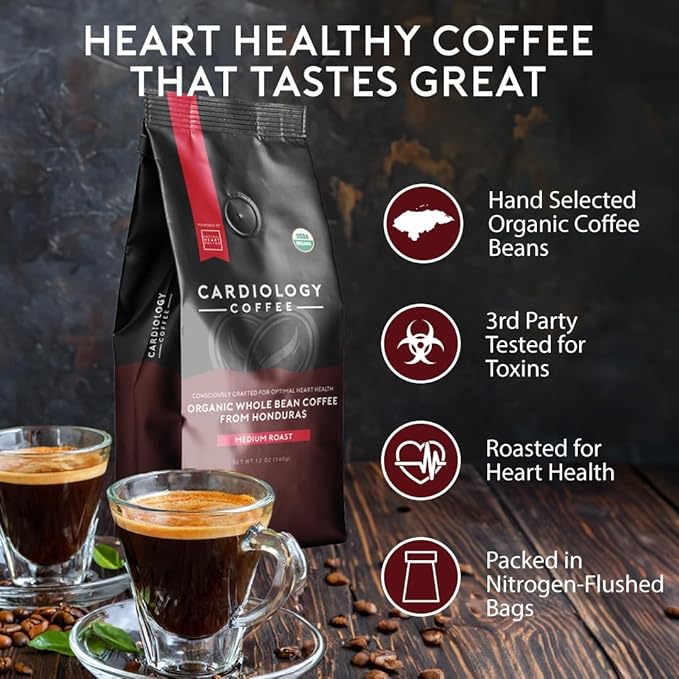 Heart Healthy Coffee - Organic Mold Free Coffee Whole Bean Medium Roast - USDA Certified Hand-Selected Honduras Cardio Coffee - Non-GMO Tested for Mycotoxins & Pesticides - 12oz