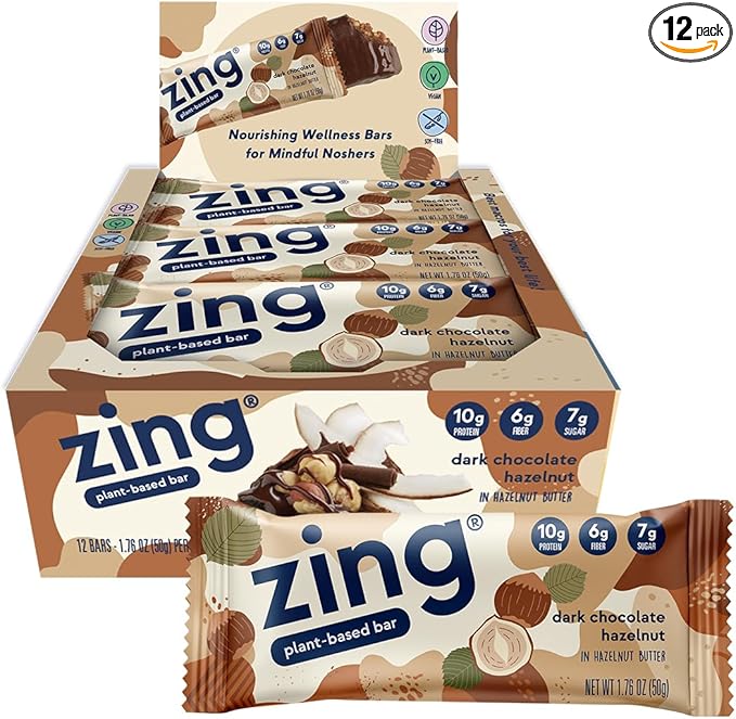 Zing Dark Chocolate Hazelnut Vegan Protein Bars, Gluten Free with High Protein, High Fiber, Dairy Free Nutrition Bars, Plant Based Protein, Kosher, Low Sugar, No Sugar Alcohols - 12 count